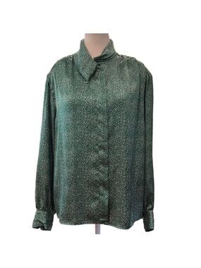 Rena Rowan for Seville Sz 12 green/white asymmetrical collar long sleeve blouse